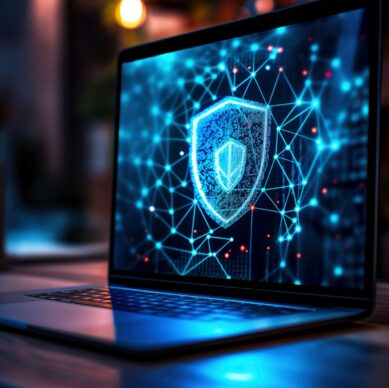 A sleek laptop displays a glowing cybersecurity shield icon on its screen, set against a calming blue background with soft lighting, highlighting digital safety and protection.