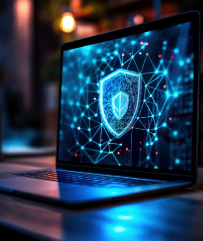 A sleek laptop displays a glowing cybersecurity shield icon on its screen, set against a calming blue background with soft lighting, highlighting digital safety and protection.
